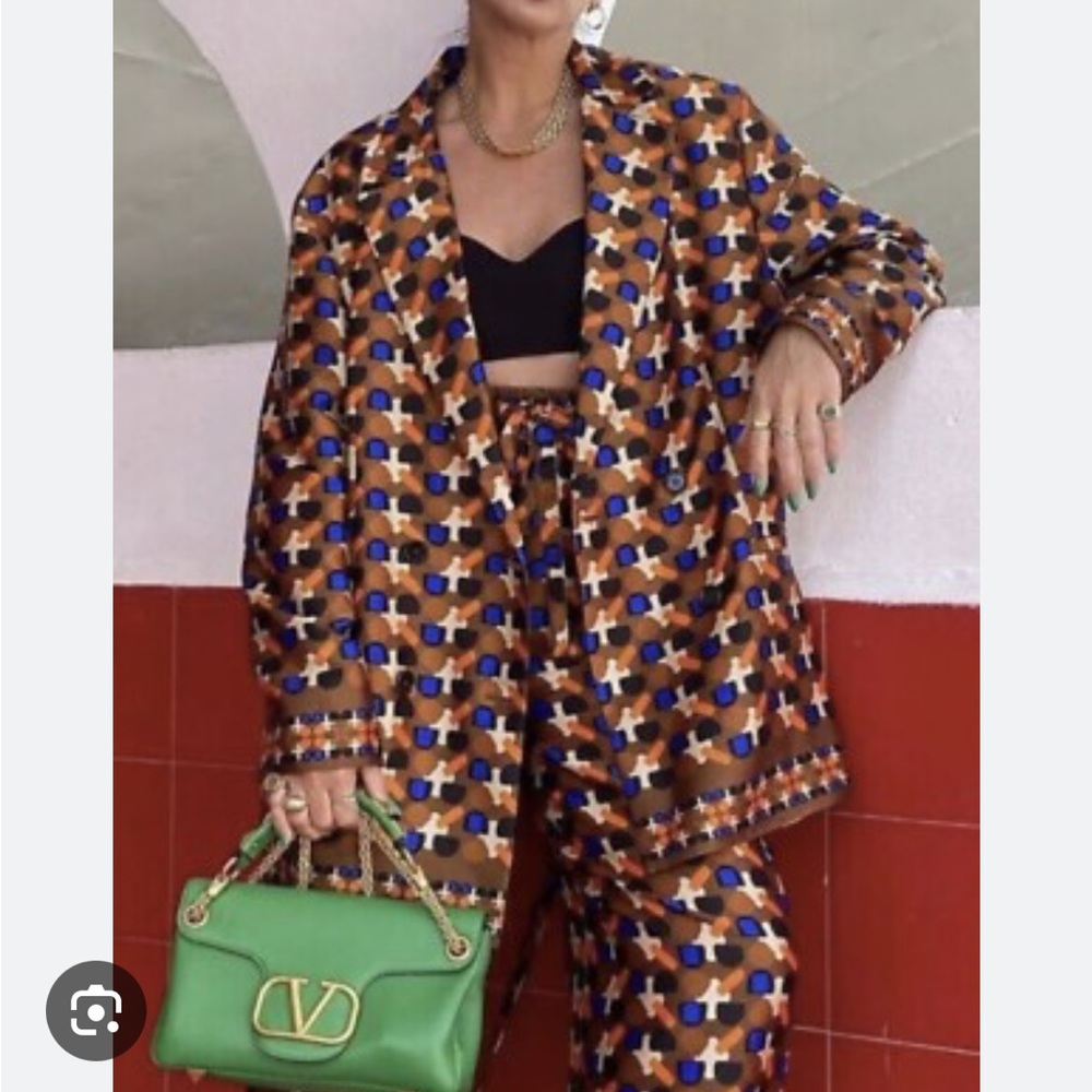Zara Geometric Brown and Blue Blazer Pants Set